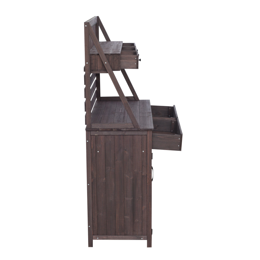 Brown Fir Wood Potting Bench - 5-Drawer Garden Workstation with Slatted Back Panel & Storage Cabinet