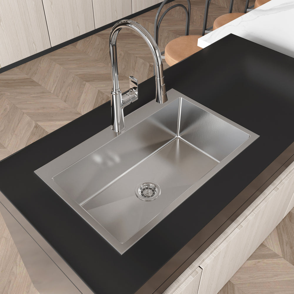 Stainless Steel Kitchen Sink, 32″x19″ Single Bowl, Overmount Handmade Sink in Brushed Nickel, with US Standard Drain and Hook, LS-SSBR02