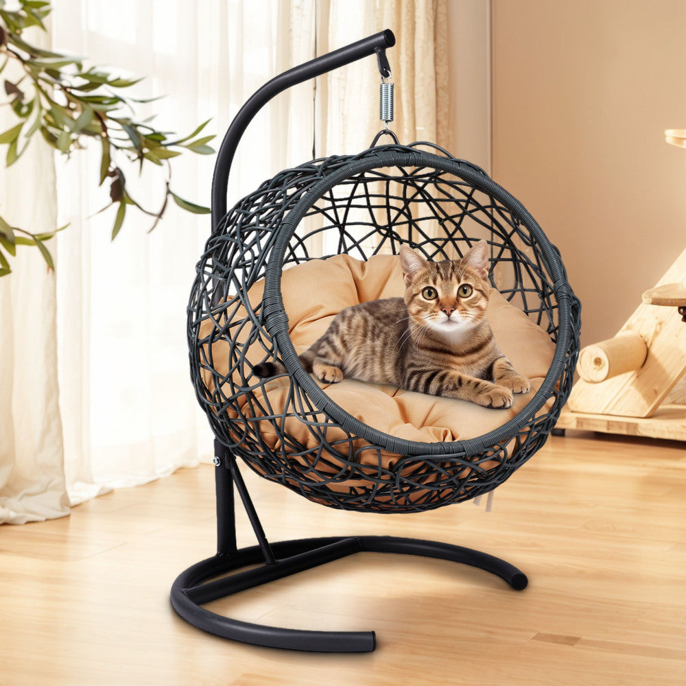 Cat Swing Bed with Stand & Cushion, Cat Egg Chair with Rattan Wicker Appearance, Indoor Hanging Swinging Cat Bed for Cats, Small Dogs, and Small Animals, Brown