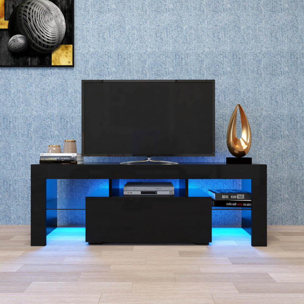 Modern Black TV Stand, 20 Colors LED TV Stand w/Remote Control Lights