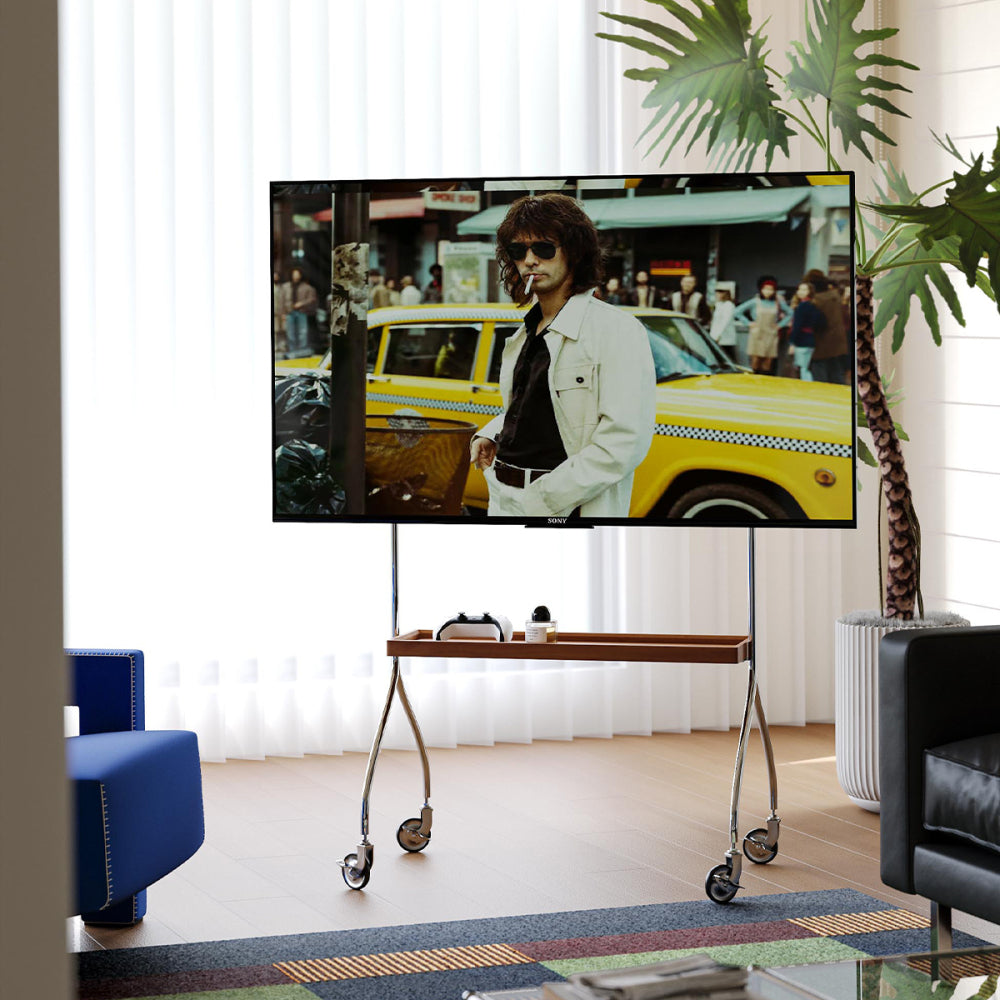 Walk around the TV stand with an antique, brown movable stand for a floor-standing display TV cabinet and projection TV stand