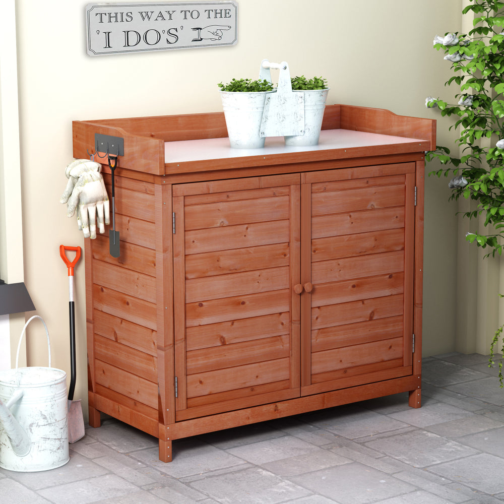 TOPMAX Outdoor 39" Potting Bench Table, Rustic Garden Wood Workstation Storage Cabinet Garden Shed with 2-Tier Shelves and Side Hook, Grey
