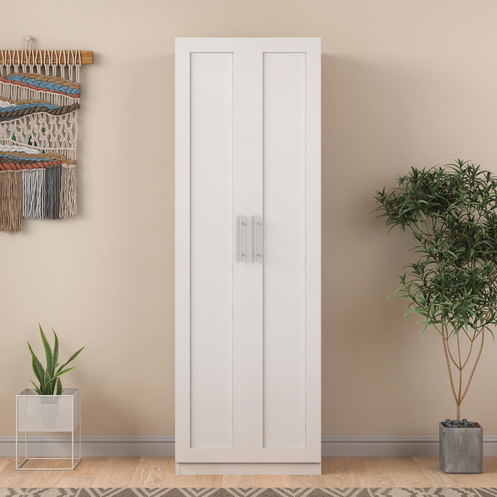 High wardrobe and kitchen cabinet with 2 doors and 3 partitions to separate 4 storage spaces,white