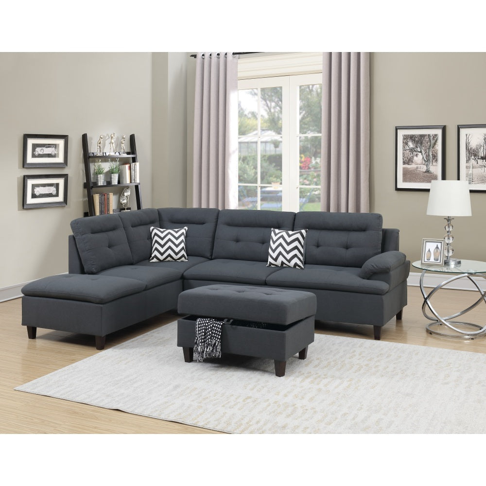 Living Room Furniture Grey Cushion Sectional w Ottoman Linen Like Fabric Sofa Chaise