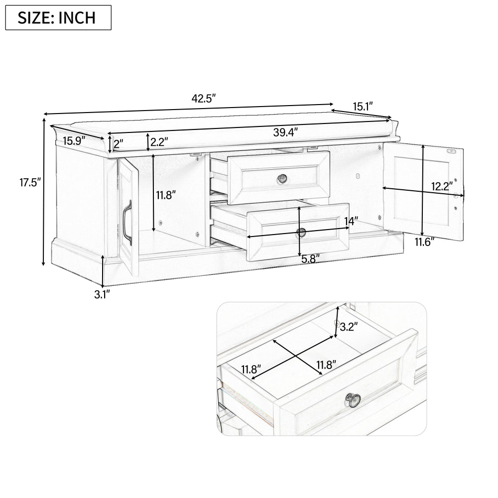 TREXM Storage Bench with 2 Drawers and 2 Cabinets, Shoe Bench with Removable Cushion for Living Room, Entryway (Black)