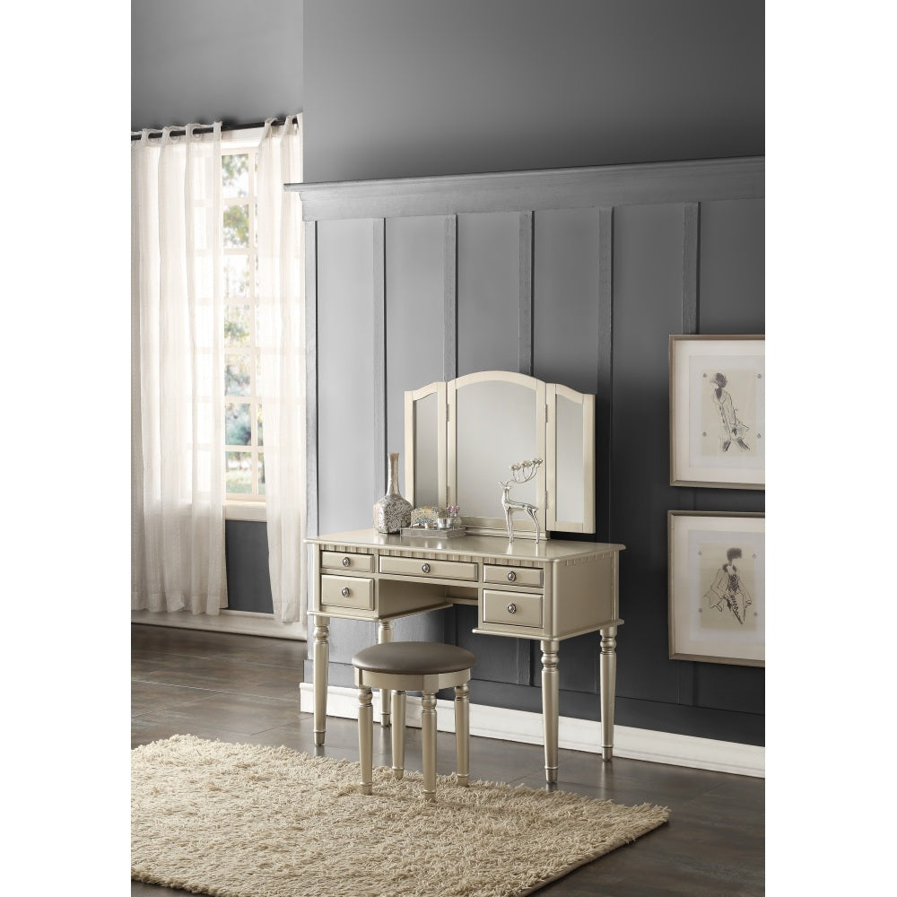 Bedroom Contemporary Vanity Set w Foldable Mirror Stool Drawers Rose Gold Color