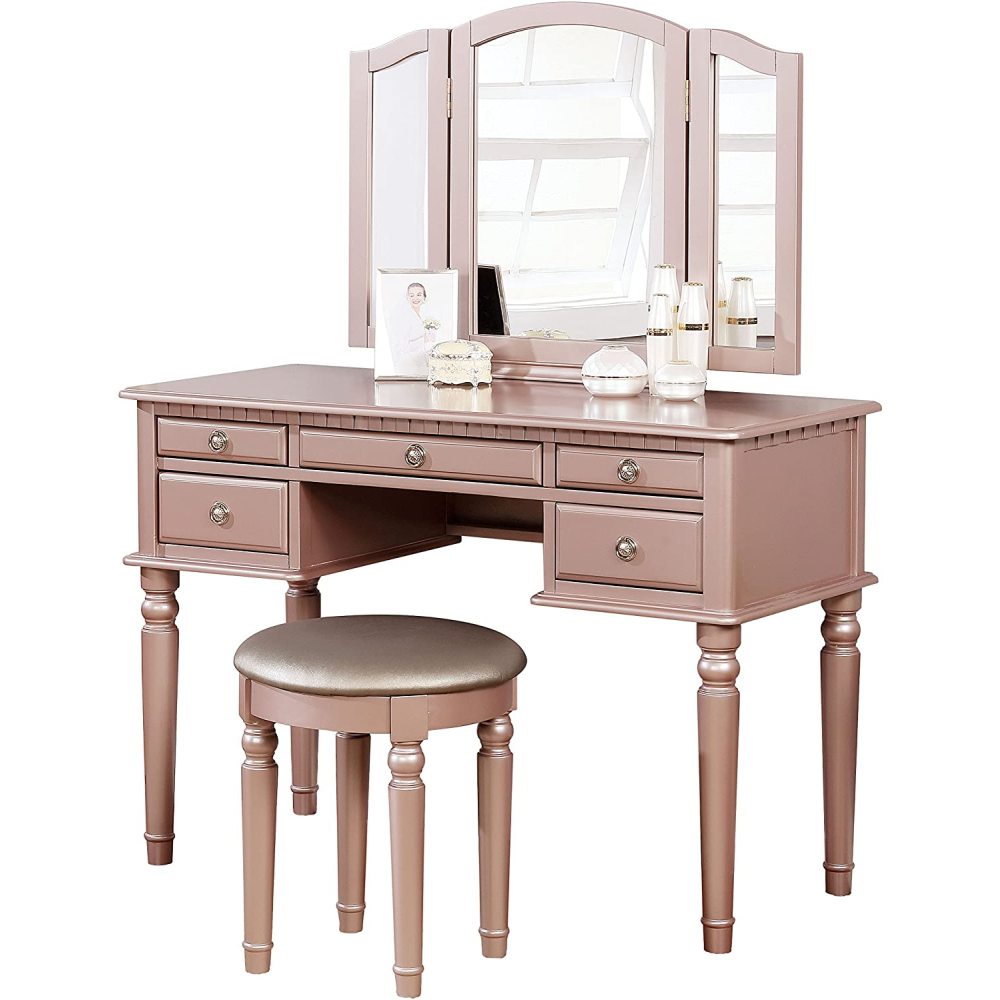 Bedroom Contemporary Vanity Set w Foldable Mirror Stool Drawers Rose Gold Color