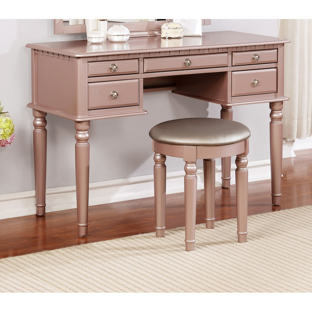 Bedroom Contemporary Vanity Set w Foldable Mirror Stool Drawers Rose Gold Color
