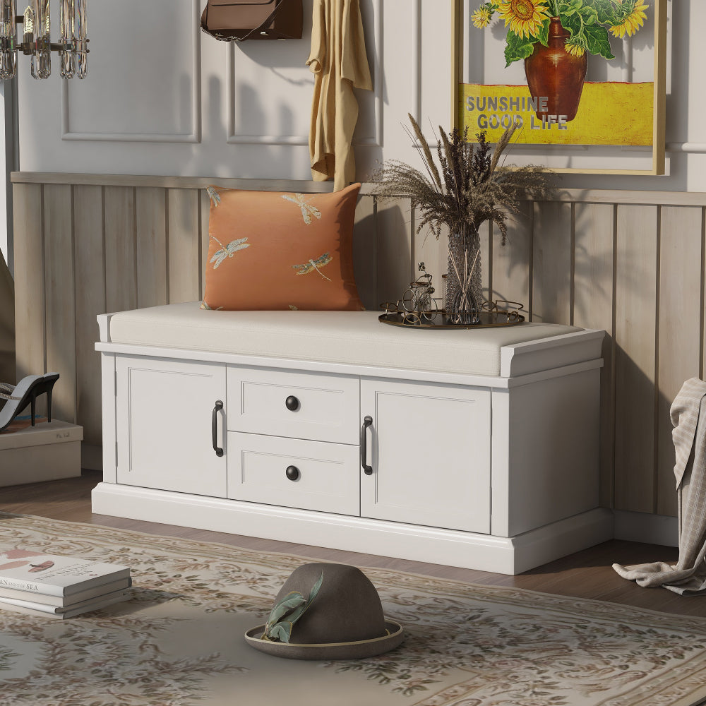 TREXM Storage Bench with 2 Drawers and 2 Cabinets, Shoe Bench with Removable Cushion for Living Room, Entryway (Black)