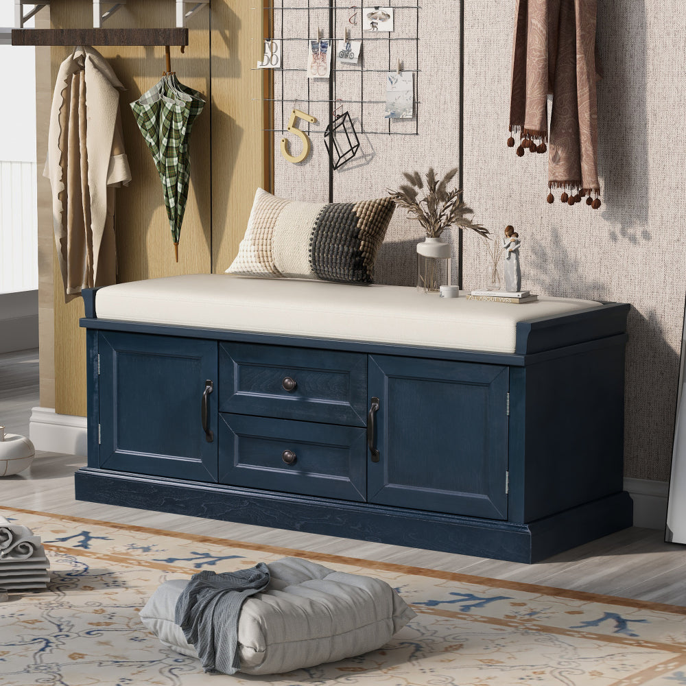 TREXM Storage Bench with 2 Drawers and 2 Cabinets, Shoe Bench with Removable Cushion for Living Room, Entryway (Black)