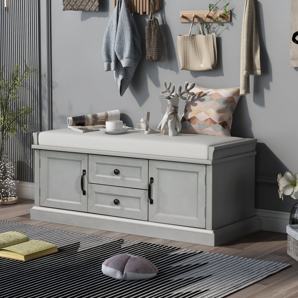 TREXM Storage Bench with 2 Drawers and 2 Cabinets, Shoe Bench with Removable Cushion for Living Room, Entryway (Black)