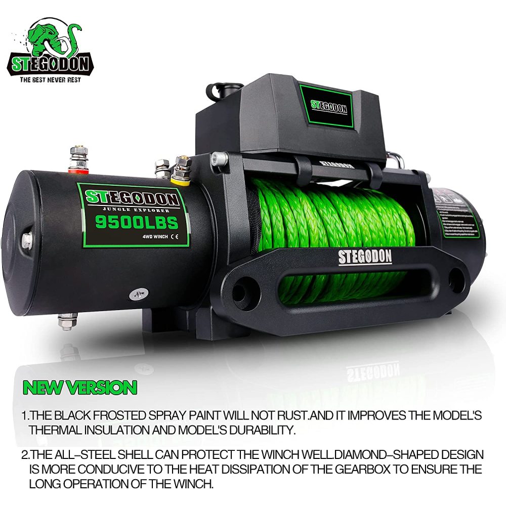 STEGODON New 9500 lb. Load Capacity Electric Winch S3,12V Waterproof IP67 Electric Winch with Hawse Fairlead, Synthetic Rope Winch with Wireless Handheld Remote and Wired Handle(Green-Rope)