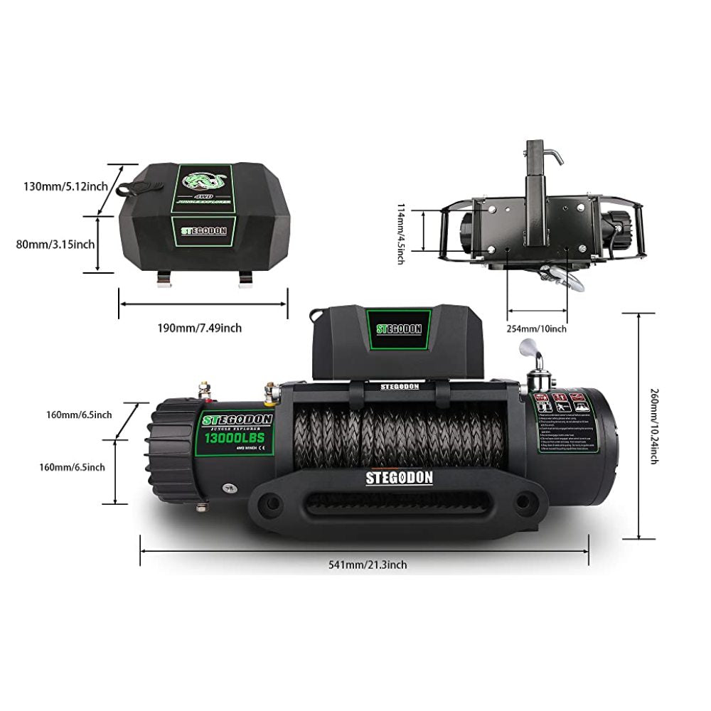 STEGODON New 13000 LBS Electric Winch T3,12V Synthetic Rope with Wireless Handheld Remotes and Wired Handle