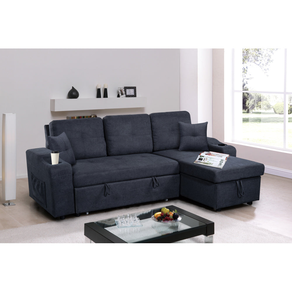 Right-facing sectional sofa with footrest, convertible corner sofa with armrest storage, living room and apartment sectional sofa, right chaise longue and dark grey