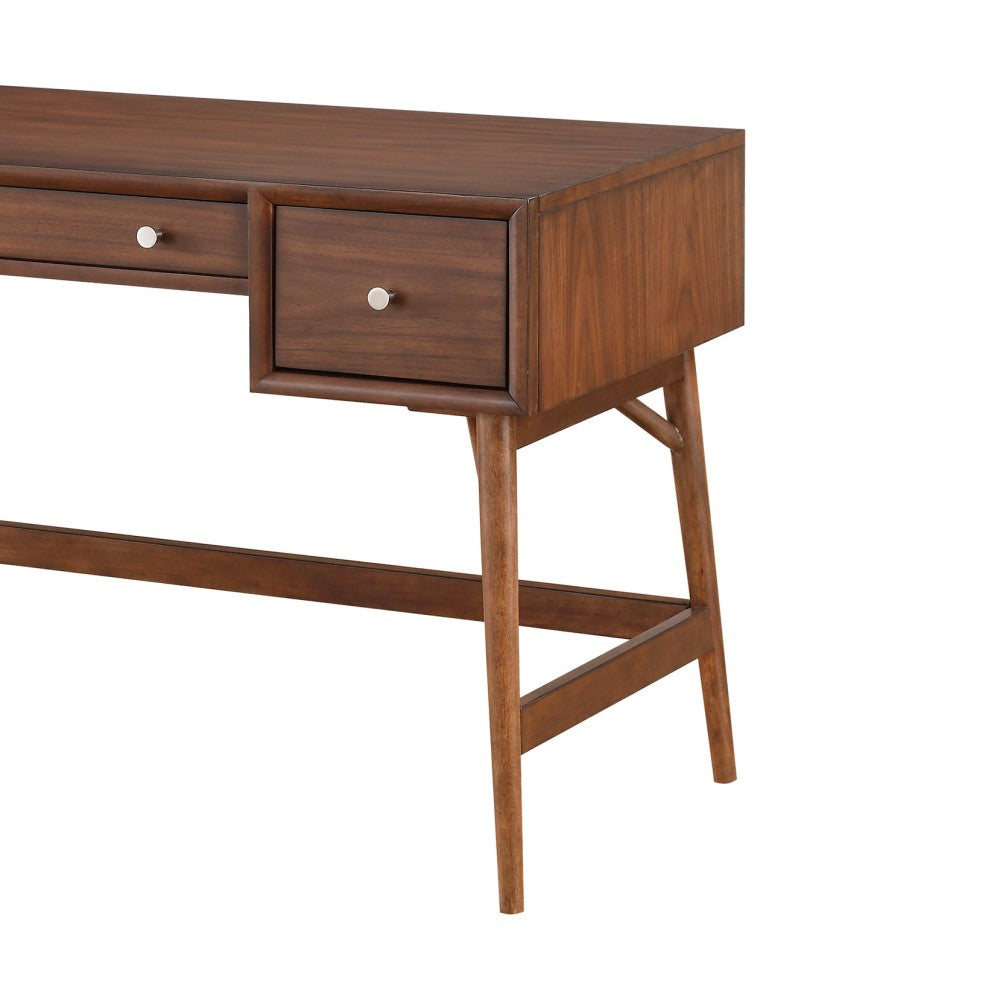 Brown Finish Stylish Writing Desk Storage Drawers Nickel Knob Hardware Walnut Veneer Wood Furniture