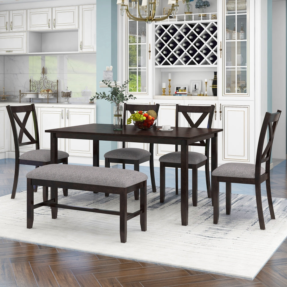 TREXM 6-Piece Kitchen Dining Table Set Wooden Rectangular Dining Table, 4 Fabric Chairs and Bench Family Furniture (Gray)