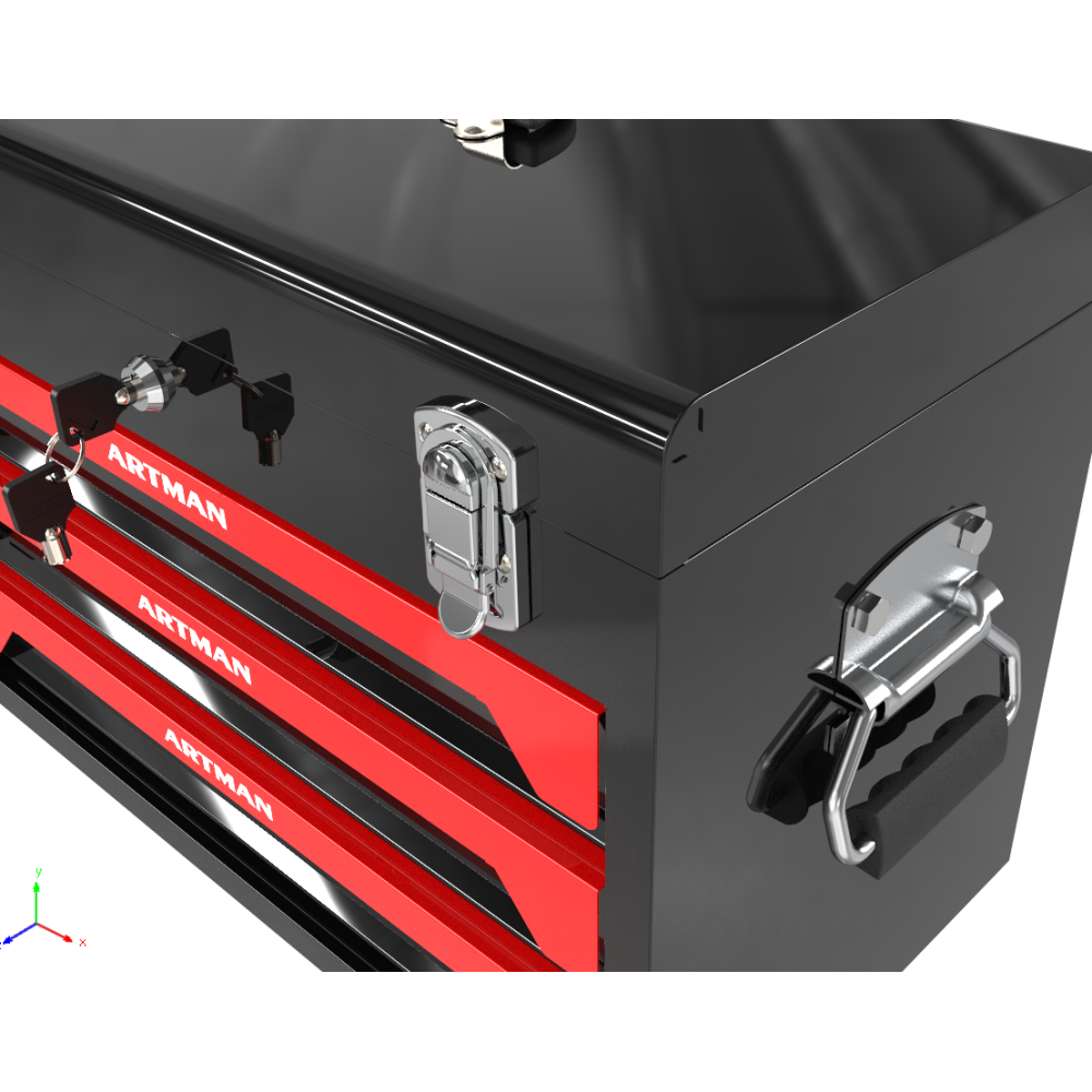20'' Portable 3-Drawer Steel Toolbox, 4 Layers of Tools with Metal Latches, with Top Storage Tray and carrying Handle, Multi-Function Tool Storage for Garage, Home, or Workbench ,Black&Red