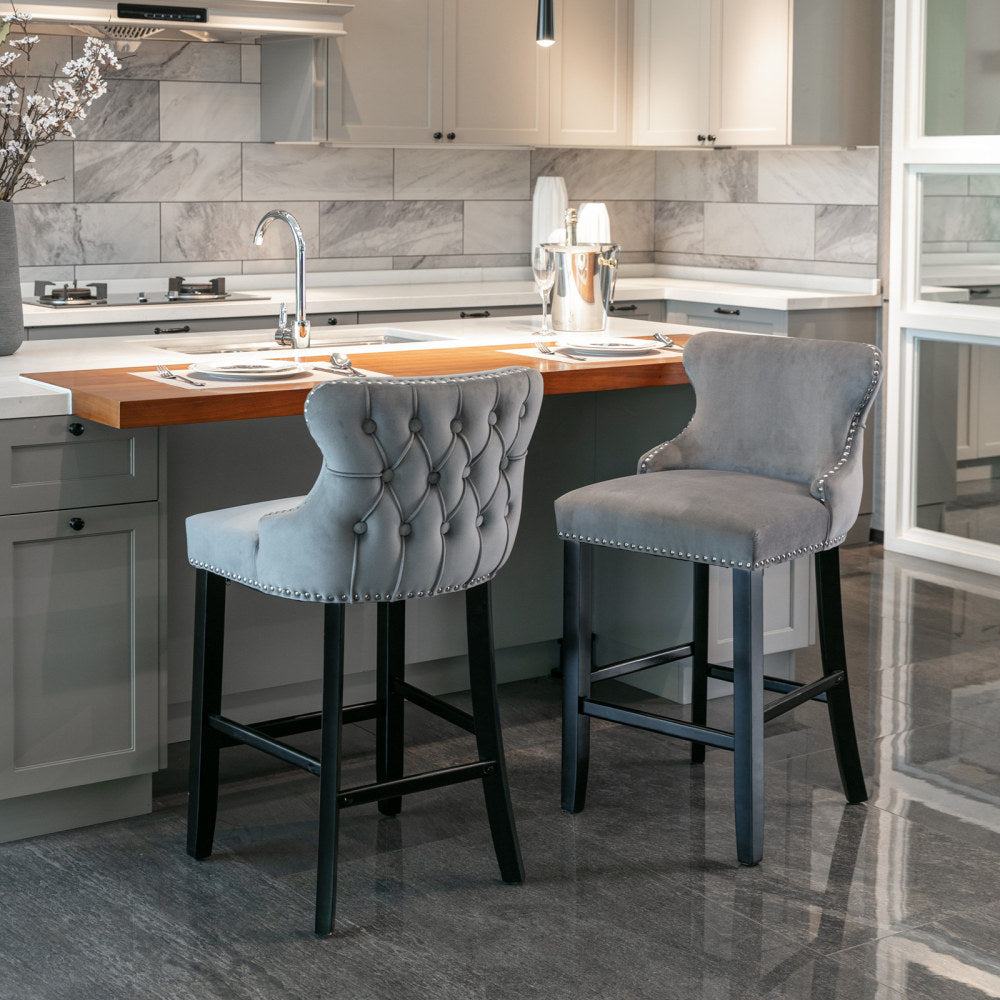 A&A Furniture,Contemporary Velvet Upholstered Wing-Back Barstools with Button Tufted Decoration and Wooden Legs, and Chrome Nailhead Trim, Leisure Style Bar Chairs,Bar stools,Set of 2 (Black),SW1824BK