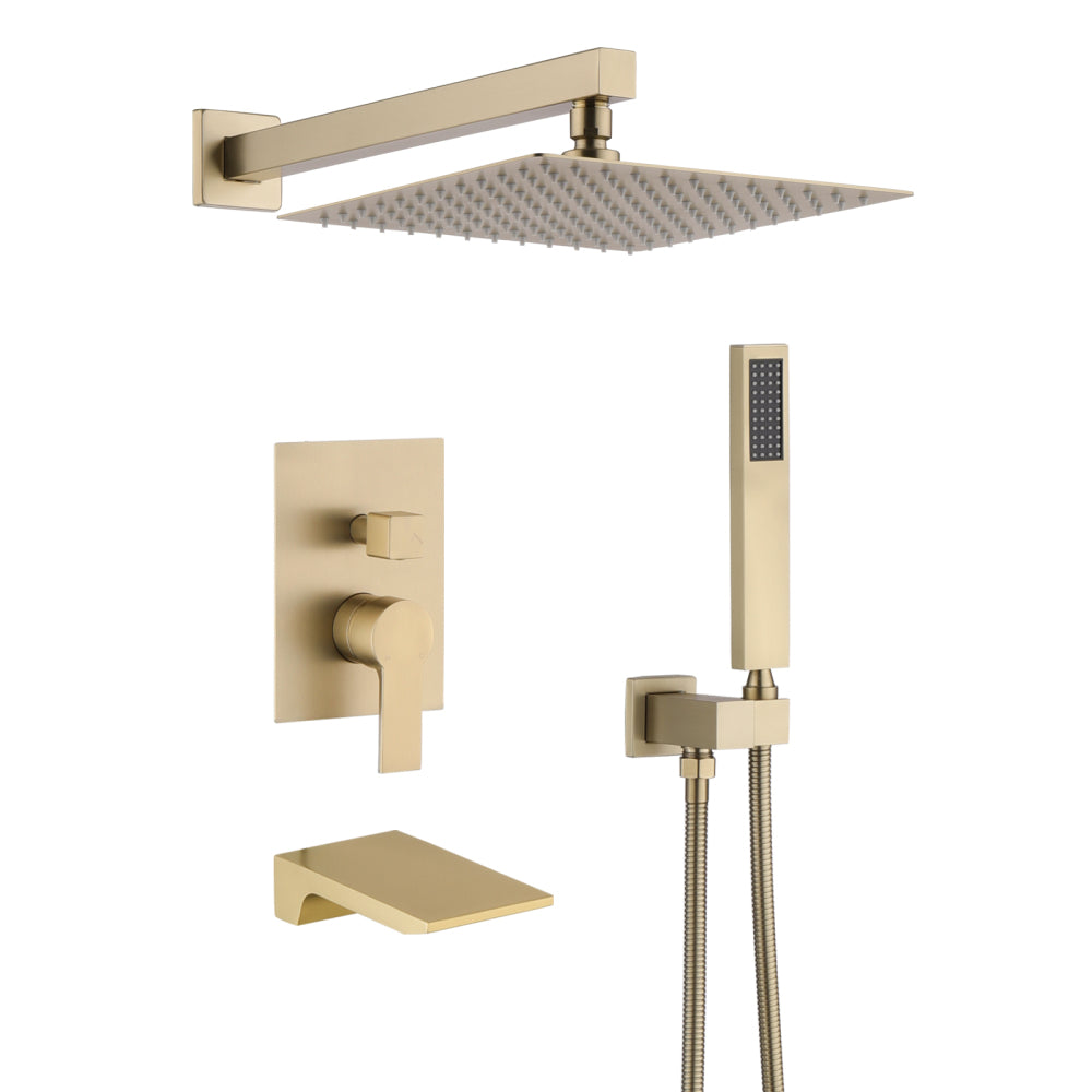 Shower System Bathroom Luxury 12 Inch Rain Shower Head with Handheld Mixer Shower Combo Set Wall Mounted Shower Faucet Trim with Valve Brushed Gold