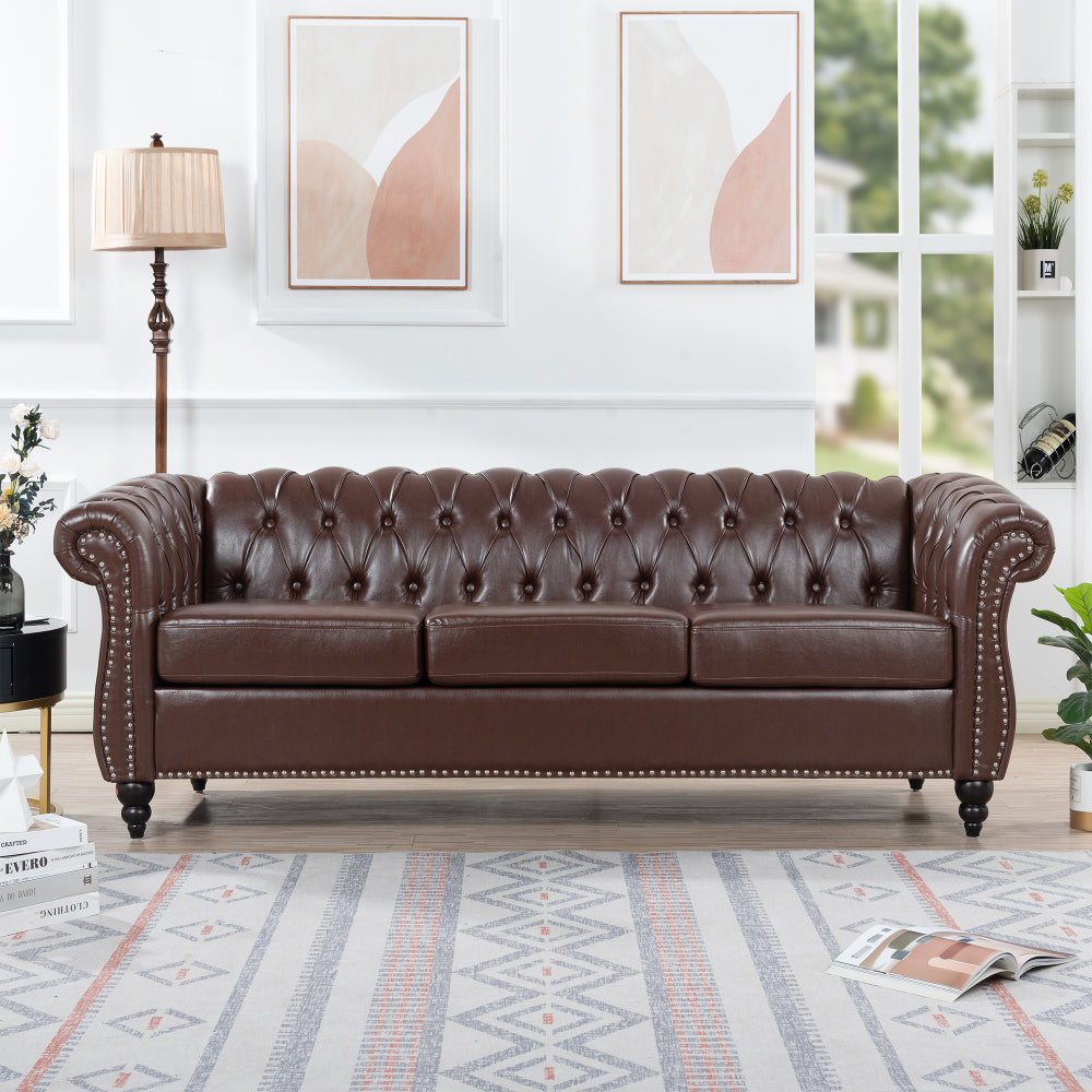 84.65" BLACK PU Rolled Arm Chesterfield Three Seater Sofa.