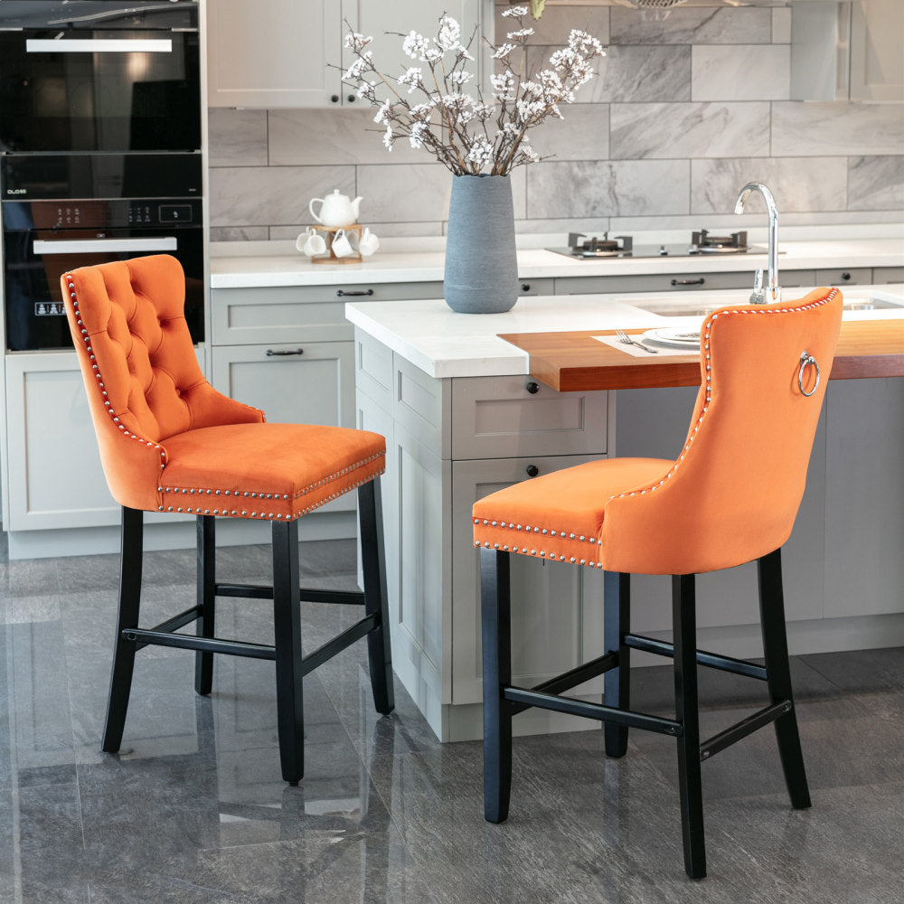 Contemporary Velvet Upholstered Barstools with Button Tufted Decoration and Wooden Legs, and Chrome Nailhead Trim, Leisure Style Bar Chairs,Bar stools, Set of 2 (Golden),SW2002GL