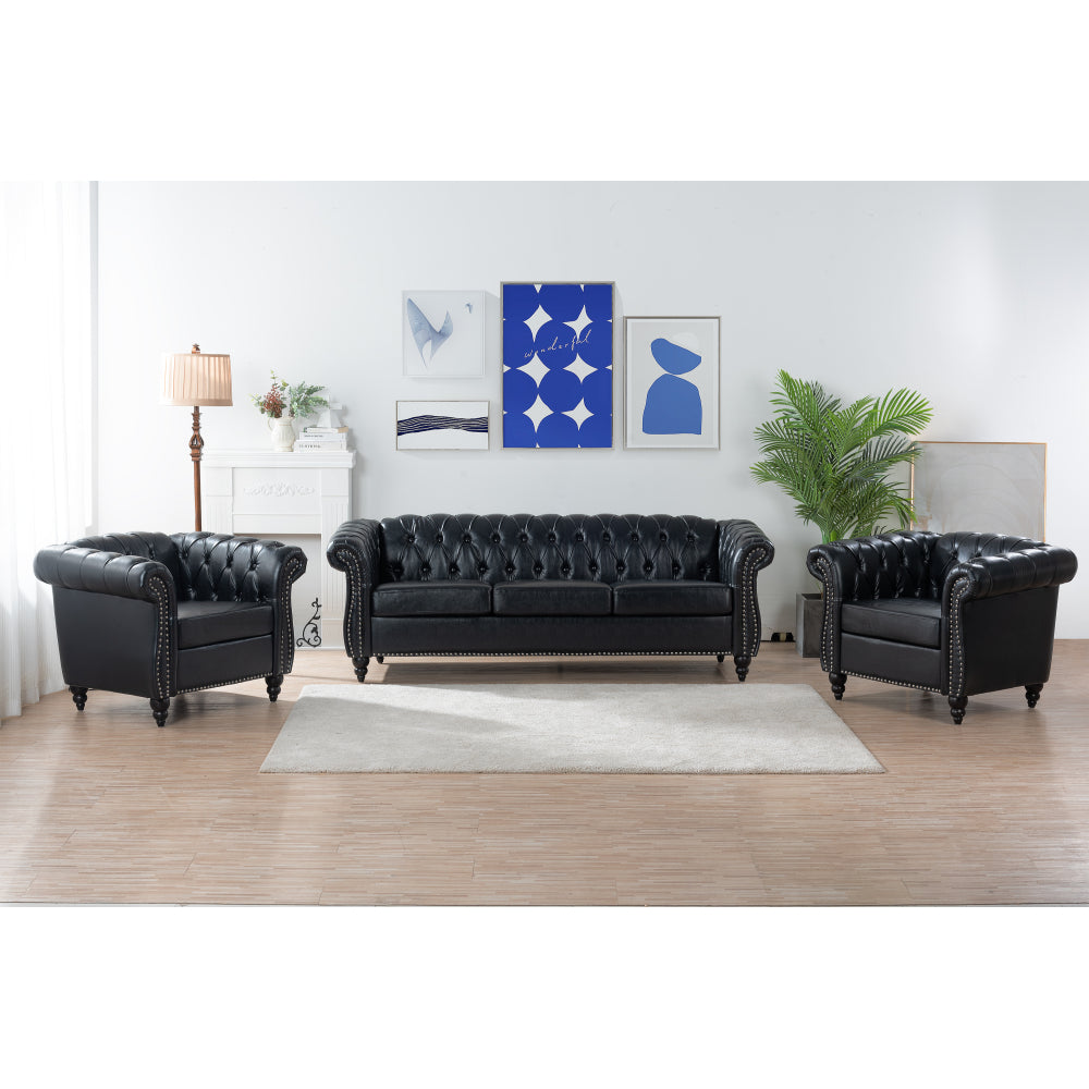 84.65" BLACK PU Rolled Arm Chesterfield Three Seater Sofa.