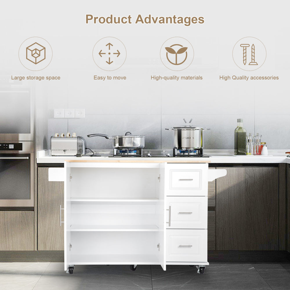 Kitchen Island & Kitchen Cart, Mobile Kitehcn Island with Extensible Rubber Wood Table Top,adjustable Shelf Inside Cabinet for Different Utensils, 3 Big Drawers, with Spice Rack, Towel Rack, Black-Bee