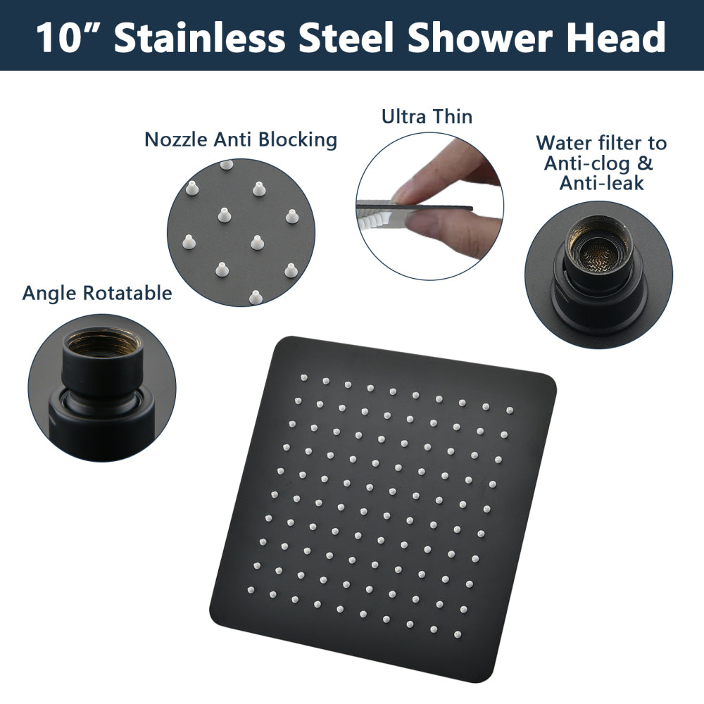 10" Square Rainfall & High Pressure Stainless Steel Bath Shower head Matte Black