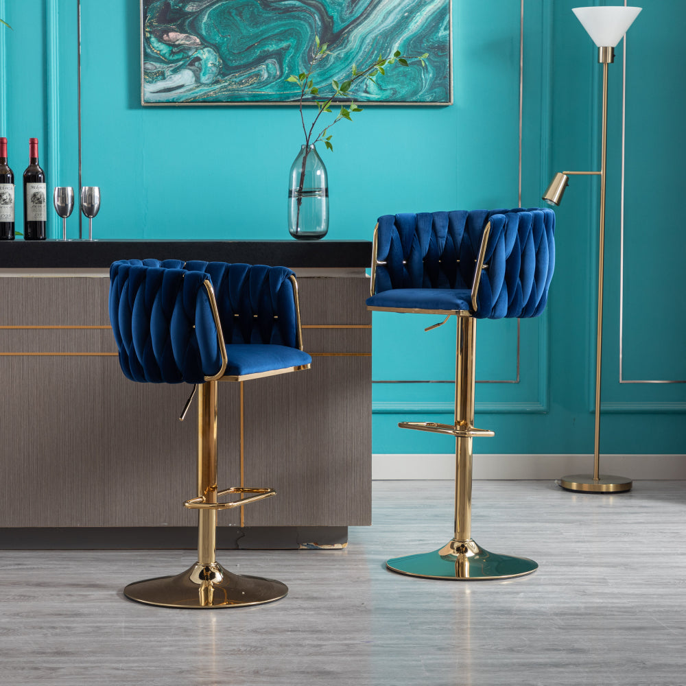Set of 2 Bar Stools,with Chrome Footrest and Base Swivel Height Adjustable Mechanical Lifting Velvet + Golden Leg Simple Bar Stoo,Ivory