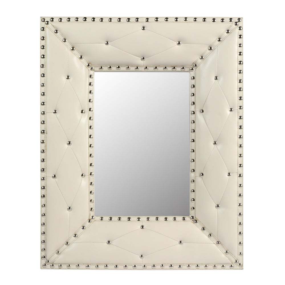WHITE Rectangle Decorative Wall Hanging Mirror,Rivet Decoration,PU Covered MDF Framed Mirror for Bedroom Living Room Vanity Entryway Wall Decor,21x26inch