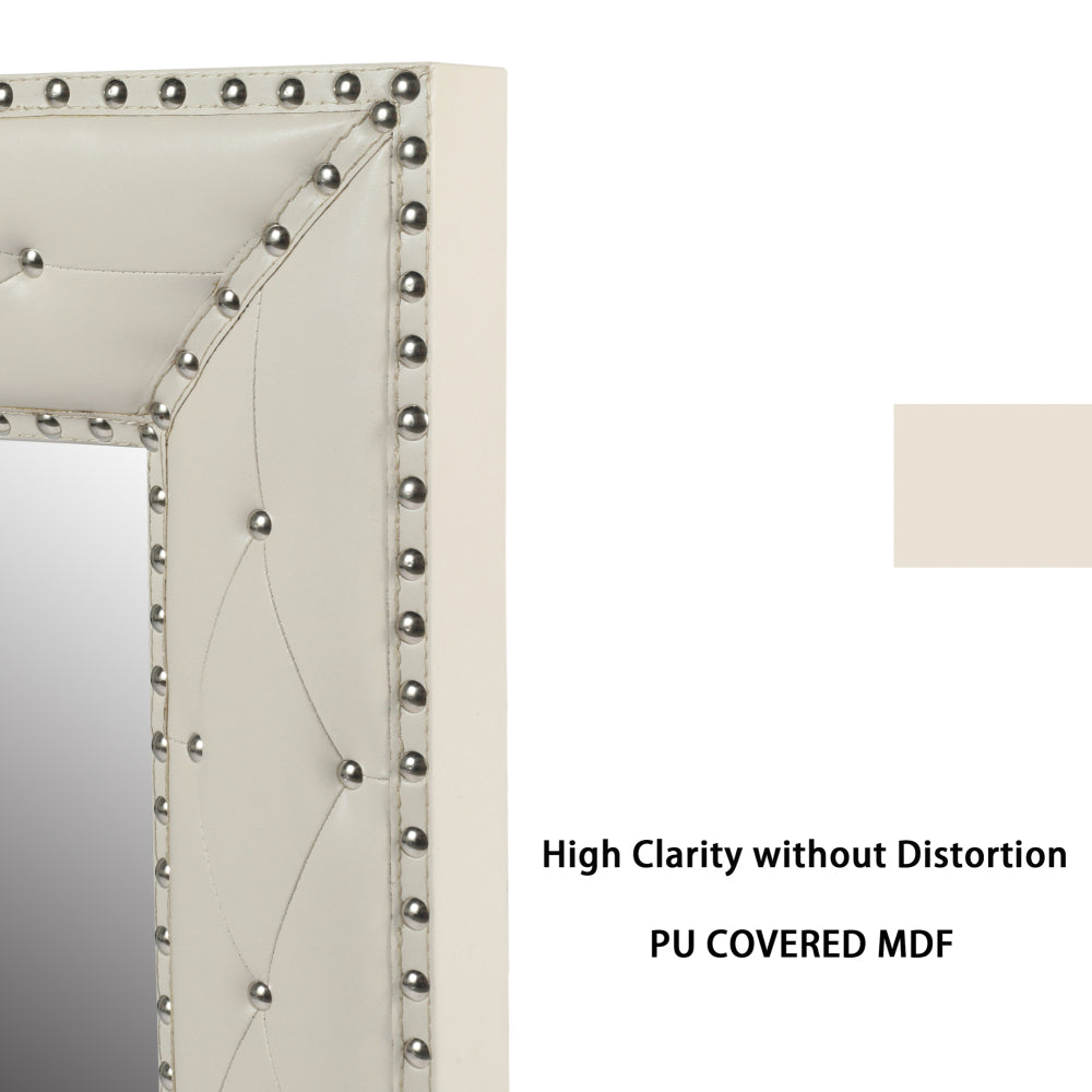WHITE Rectangle Decorative Wall Hanging Mirror,Rivet Decoration,PU Covered MDF Framed Mirror for Bedroom Living Room Vanity Entryway Wall Decor,21x26inch