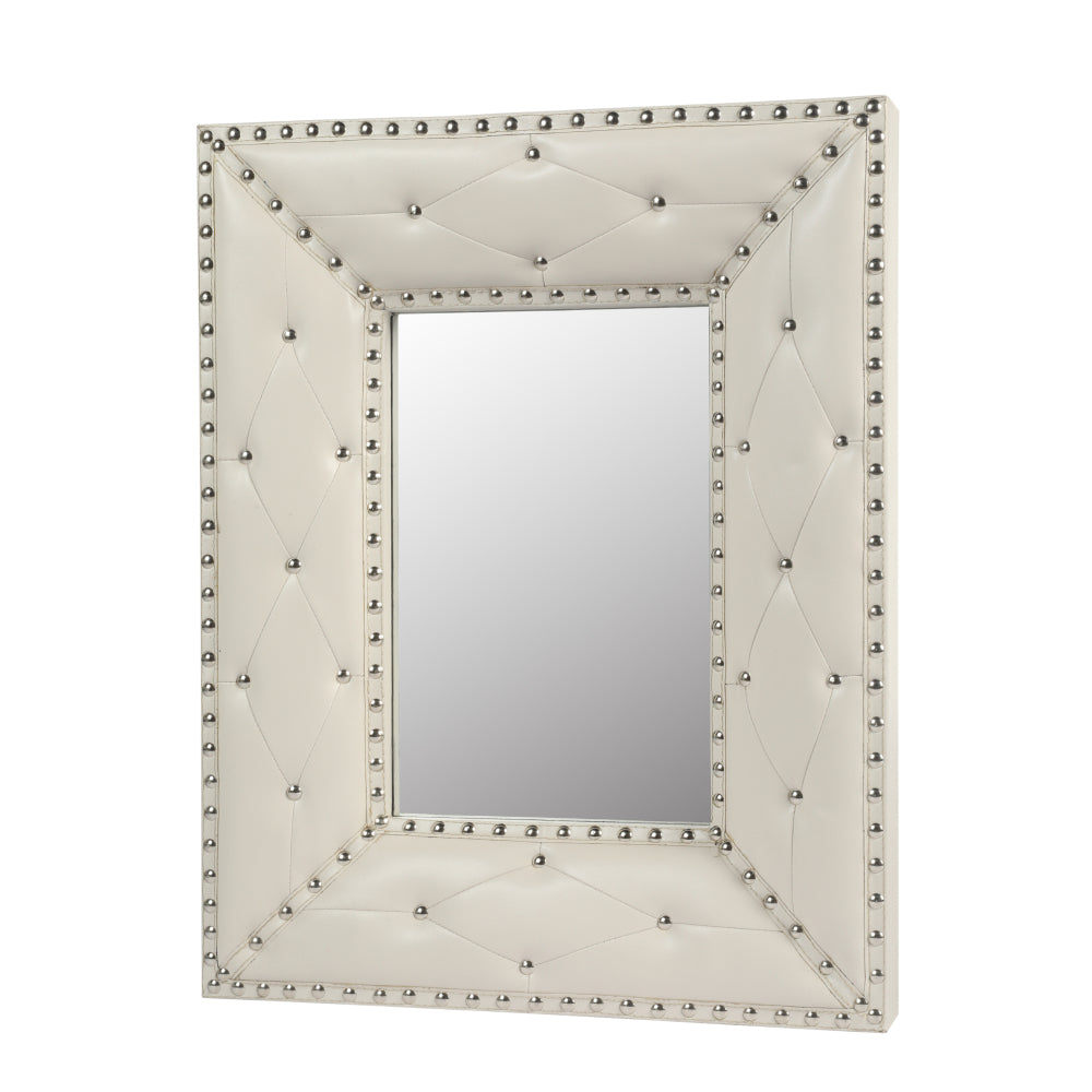 WHITE Rectangle Decorative Wall Hanging Mirror,Rivet Decoration,PU Covered MDF Framed Mirror for Bedroom Living Room Vanity Entryway Wall Decor,21x26inch