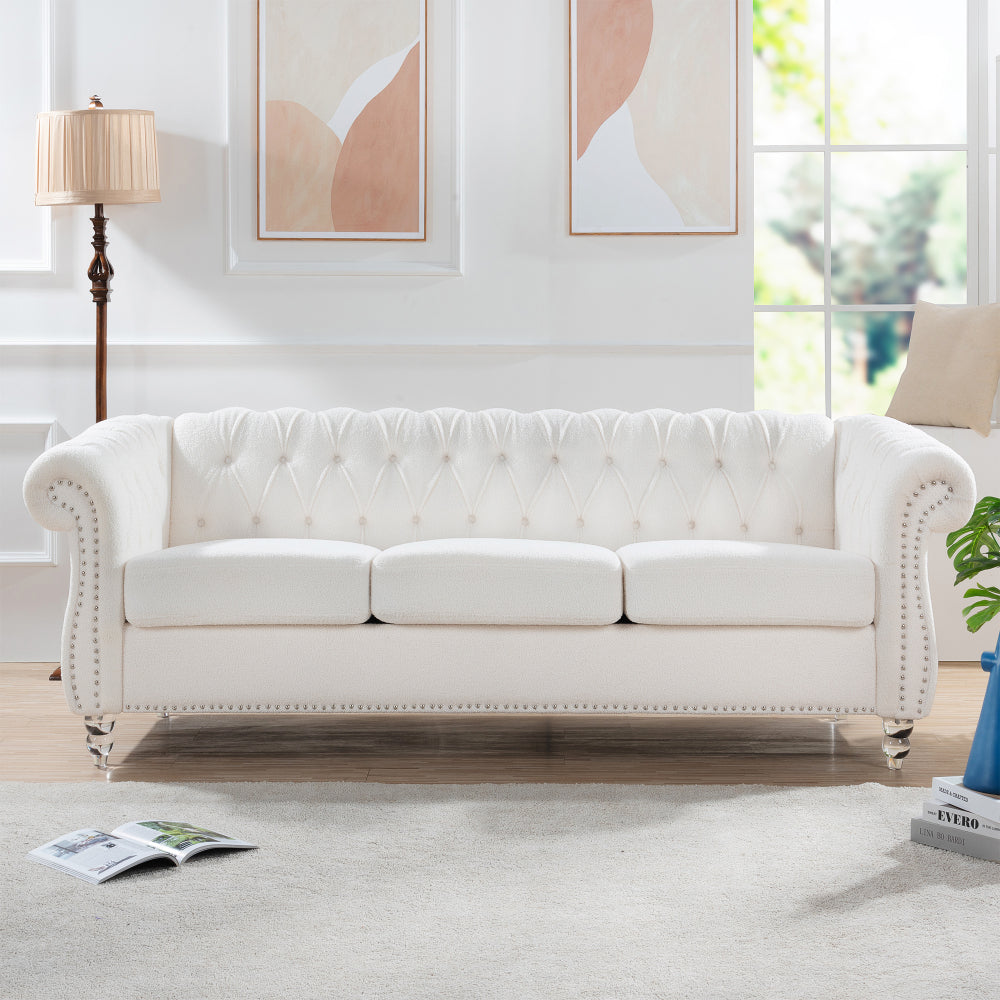 84.65" BLACK PU Rolled Arm Chesterfield Three Seater Sofa.