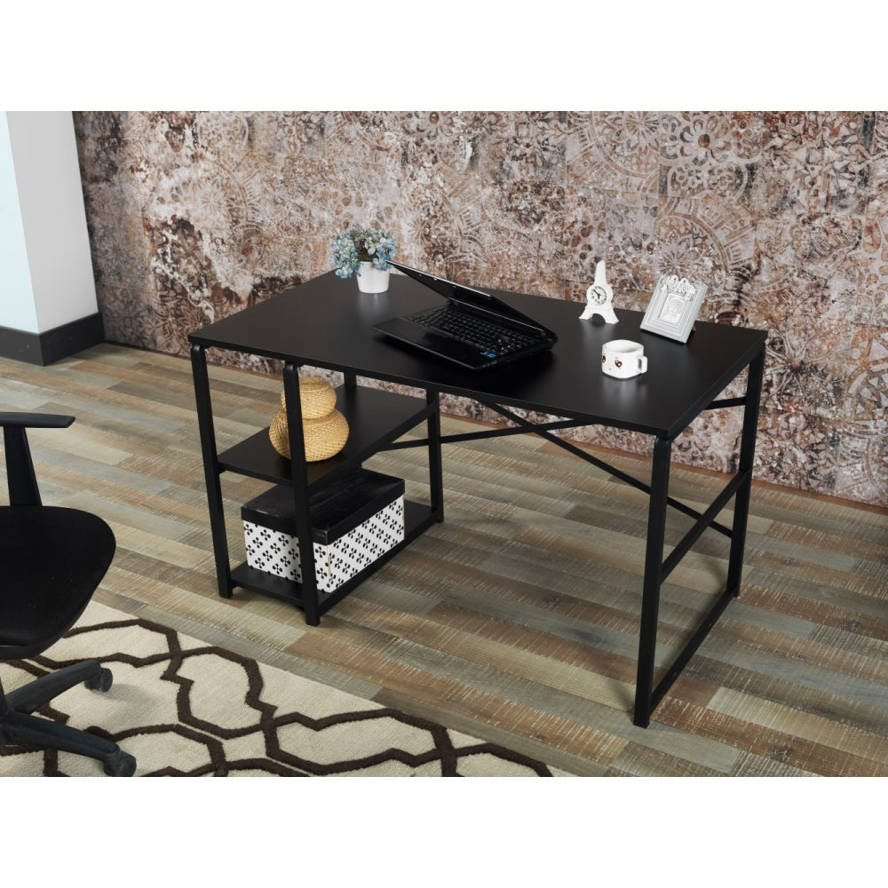 Furnish Home Store Sage Black Metal Frame 47" Wooden Top 2 Shelves Writing and Computer Desk for Home Office, Walnut
