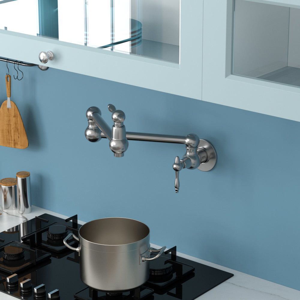 Pot Filler Faucet - Wall Mount Kitchen Sink Faucet Folding Stretchable with Single Hole Two Handles, Brushed Nickel