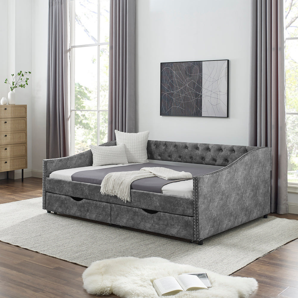 Queen Size Daybed with Drawers Upholstered Tufted Sofa Bed,,with Button on Back and Copper Nail on Waved Shape Arms, Beige (84.5"x63.5"x26.5")