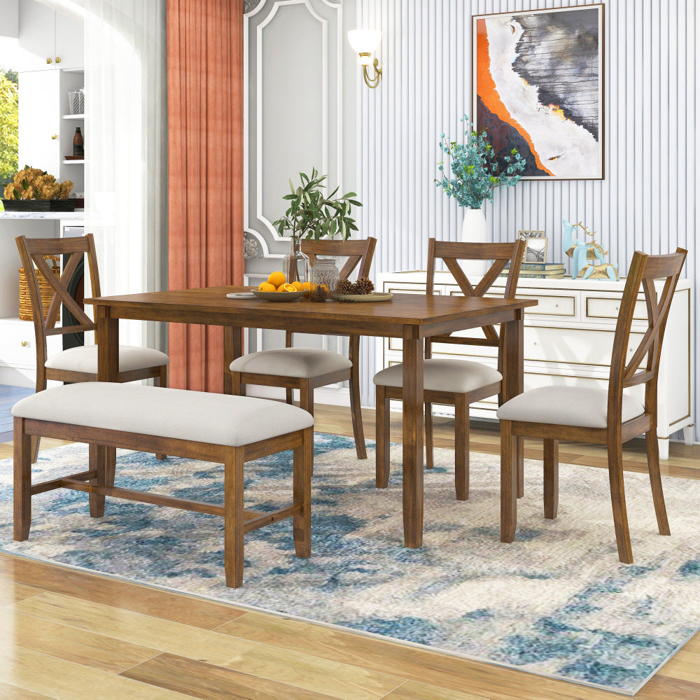 TREXM 6-Piece Kitchen Dining Table Set Wooden Rectangular Dining Table, 4 Fabric Chairs and Bench Family Furniture (Gray)