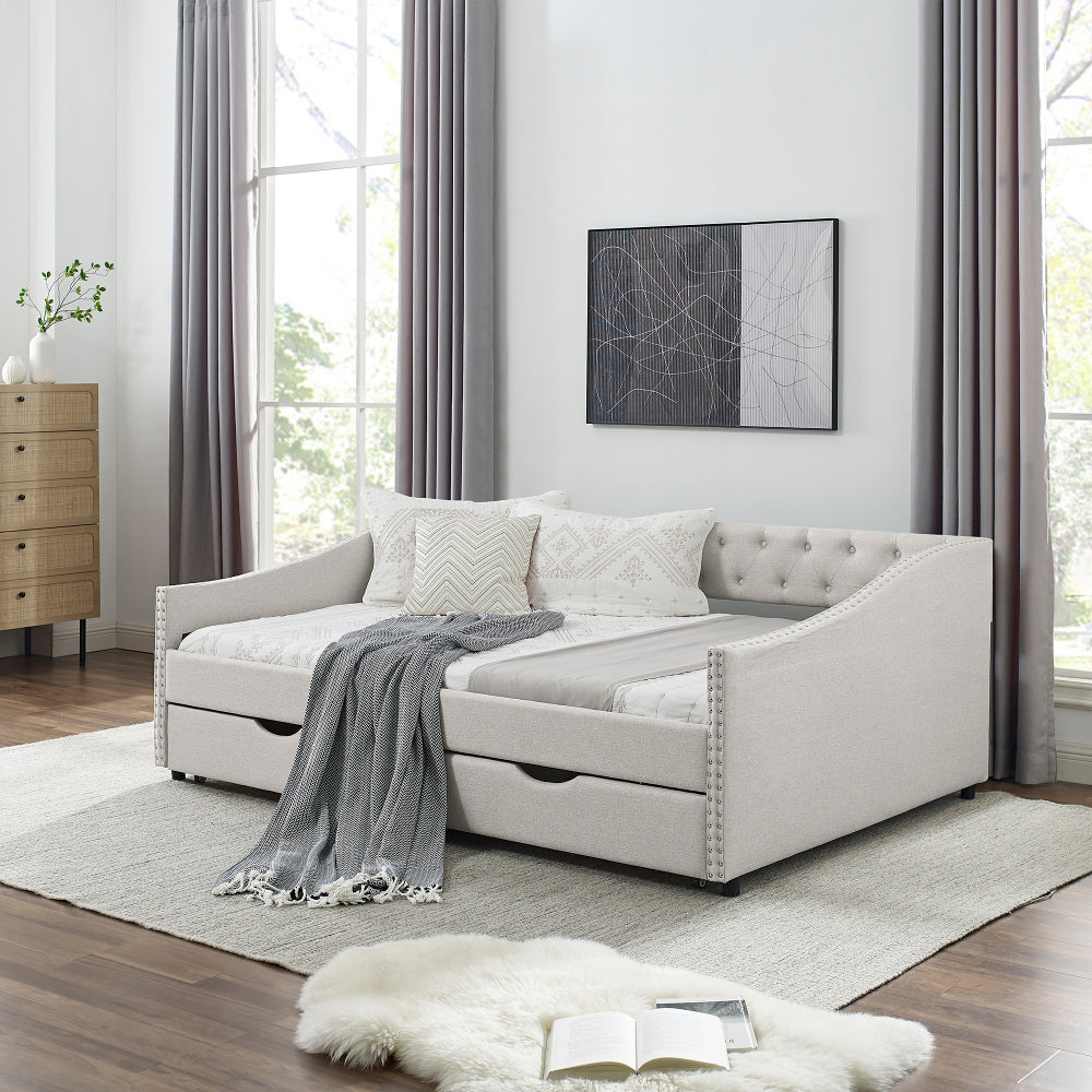 Queen Size Daybed with Drawers Upholstered Tufted Sofa Bed,,with Button on Back and Copper Nail on Waved Shape Arms, Beige (84.5"x63.5"x26.5")