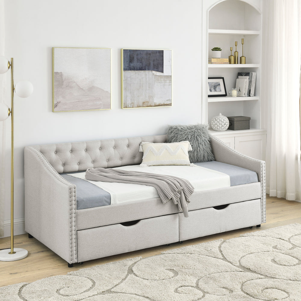 Queen Size Daybed with Drawers Upholstered Tufted Sofa Bed,,with Button on Back and Copper Nail on Waved Shape Arms, Beige (84.5"x63.5"x26.5")