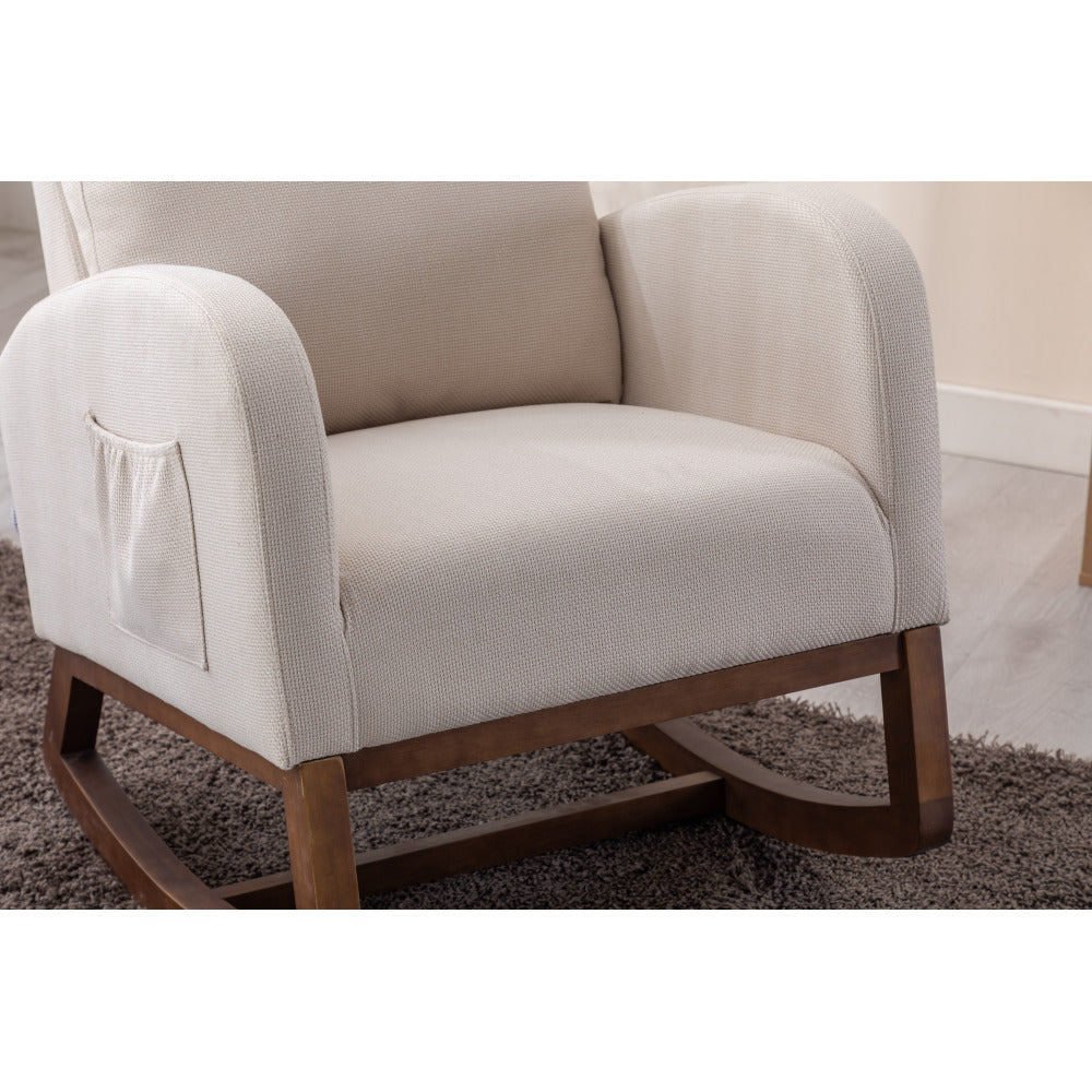 Rocking Chair, Modern Glider Chair, Recliner Armchair with Wood Legs and Side Pocket, Nursery Rocking Accent Chair with High Back for Living Room Bedroom (Beige linen)