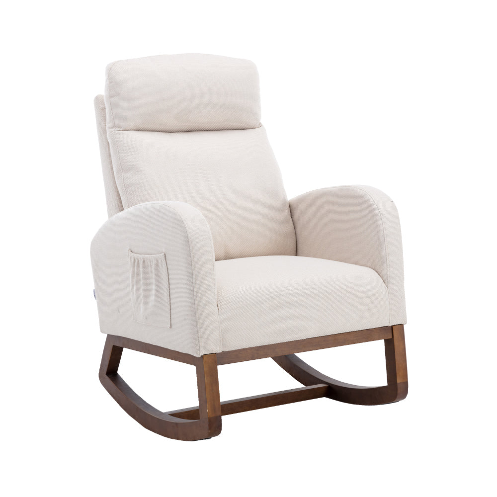 Rocking Chair, Modern Glider Chair, Recliner Armchair with Wood Legs and Side Pocket, Nursery Rocking Accent Chair with High Back for Living Room Bedroom (Camel linen)