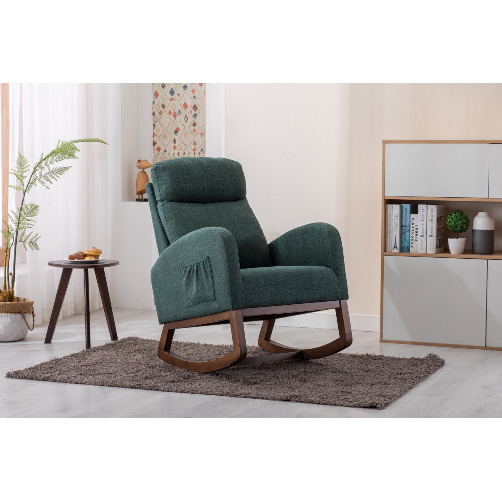 Rocking Chair, Modern Glider Chair, Recliner Armchair with Wood Legs and Side Pocket, Nursery Rocking Accent Chair with High Back for Living Room Bedroom (Beige linen)