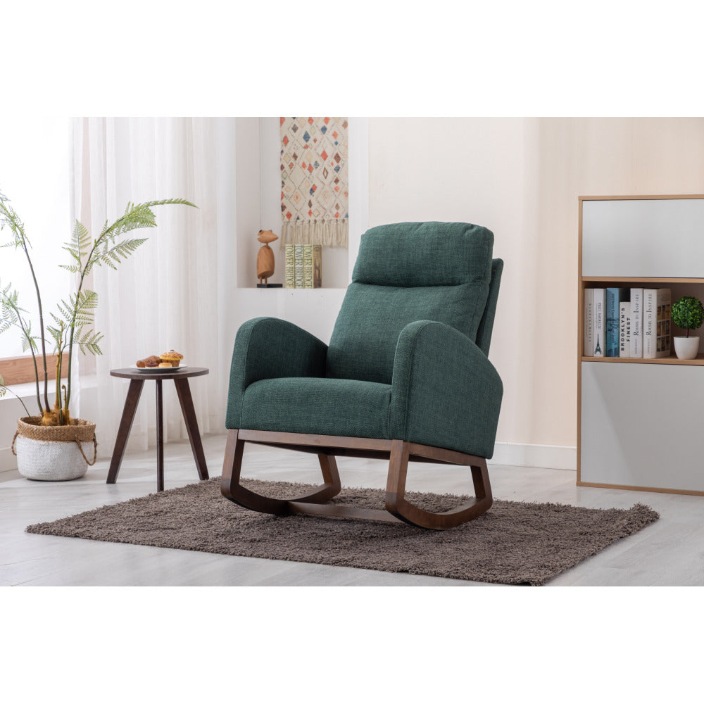 Rocking Chair, Modern Glider Chair, Recliner Armchair with Wood Legs and Side Pocket, Nursery Rocking Accent Chair with High Back for Living Room Bedroom (Emerald linen)