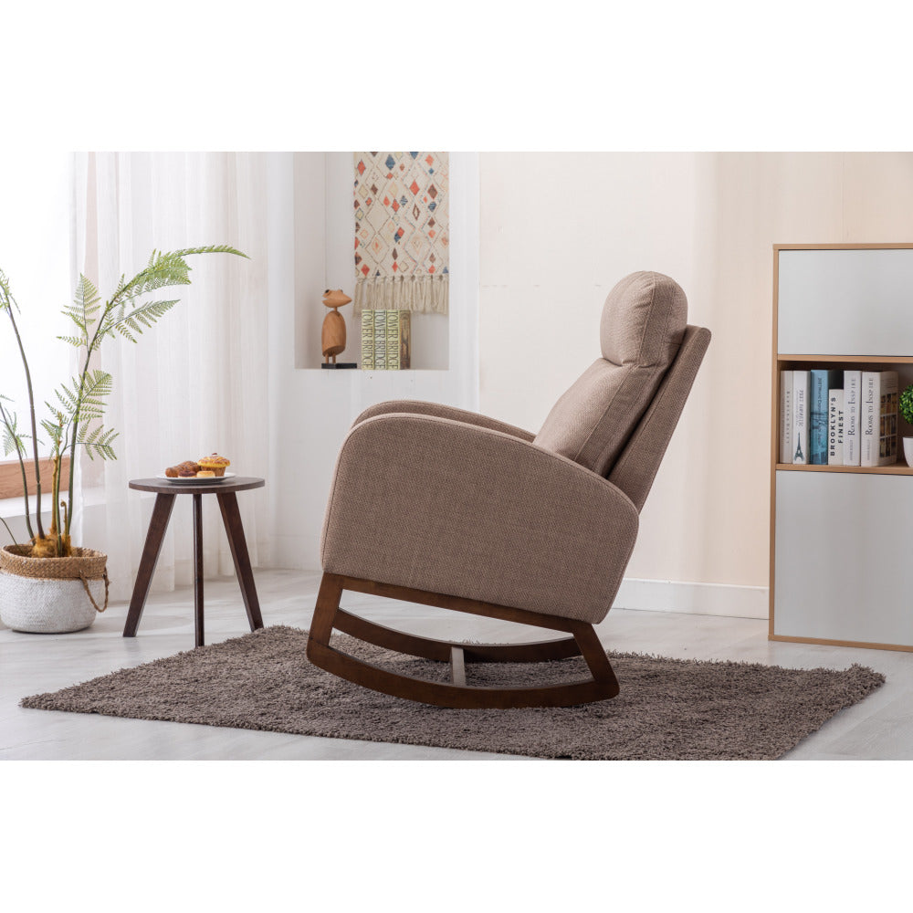 Rocking Chair, Modern Glider Chair, Recliner Armchair with Wood Legs and Side Pocket, Nursery Rocking Accent Chair with High Back for Living Room Bedroom (Camel linen)