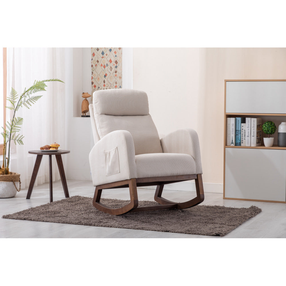 Rocking Chair, Modern Glider Chair, Recliner Armchair with Wood Legs and Side Pocket, Nursery Rocking Accent Chair with High Back for Living Room Bedroom (Beige linen)