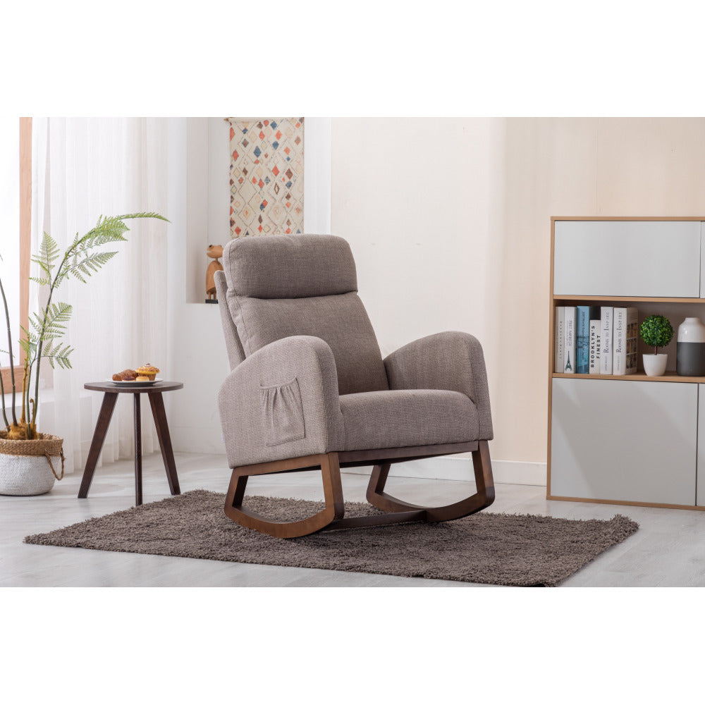 Rocking Chair, Modern Glider Chair, Recliner Armchair with Wood Legs and Side Pocket, Nursery Rocking Accent Chair with High Back for Living Room Bedroom (Camel linen)