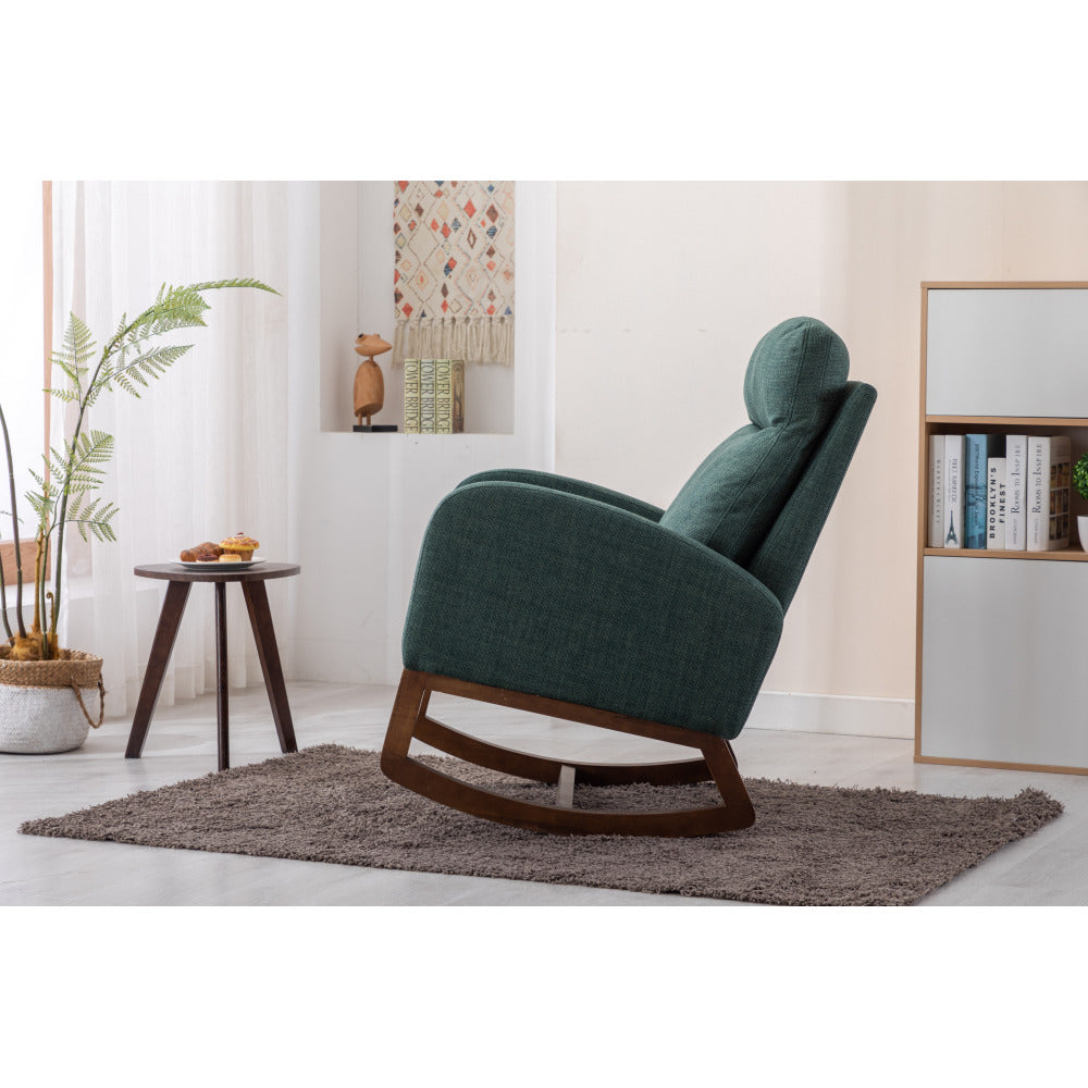 Rocking Chair, Modern Glider Chair, Recliner Armchair with Wood Legs and Side Pocket, Nursery Rocking Accent Chair with High Back for Living Room Bedroom (Emerald linen)