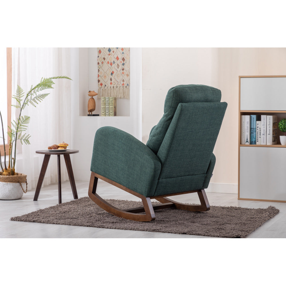 Rocking Chair, Modern Glider Chair, Recliner Armchair with Wood Legs and Side Pocket, Nursery Rocking Accent Chair with High Back for Living Room Bedroom (Emerald linen)