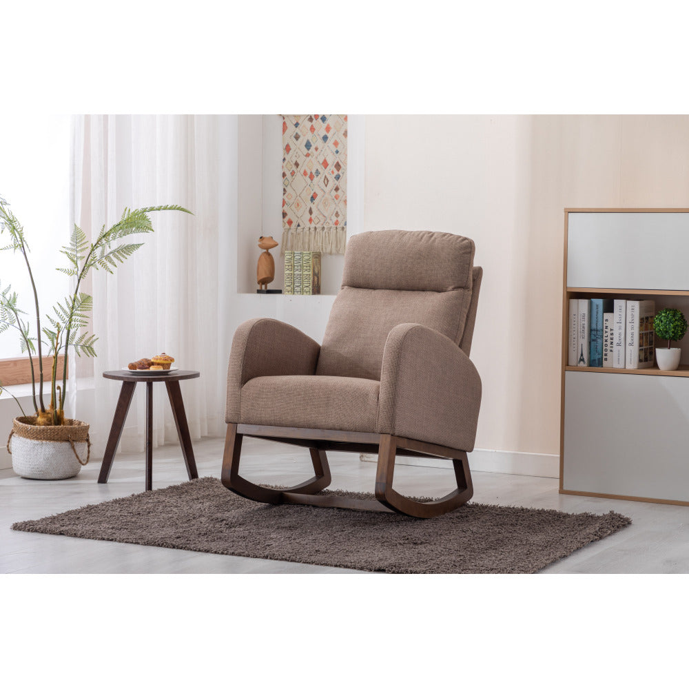 Rocking Chair, Modern Glider Chair, Recliner Armchair with Wood Legs and Side Pocket, Nursery Rocking Accent Chair with High Back for Living Room Bedroom (Camel linen)