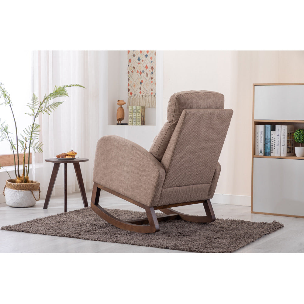 Rocking Chair, Modern Glider Chair, Recliner Armchair with Wood Legs and Side Pocket, Nursery Rocking Accent Chair with High Back for Living Room Bedroom (Camel linen)